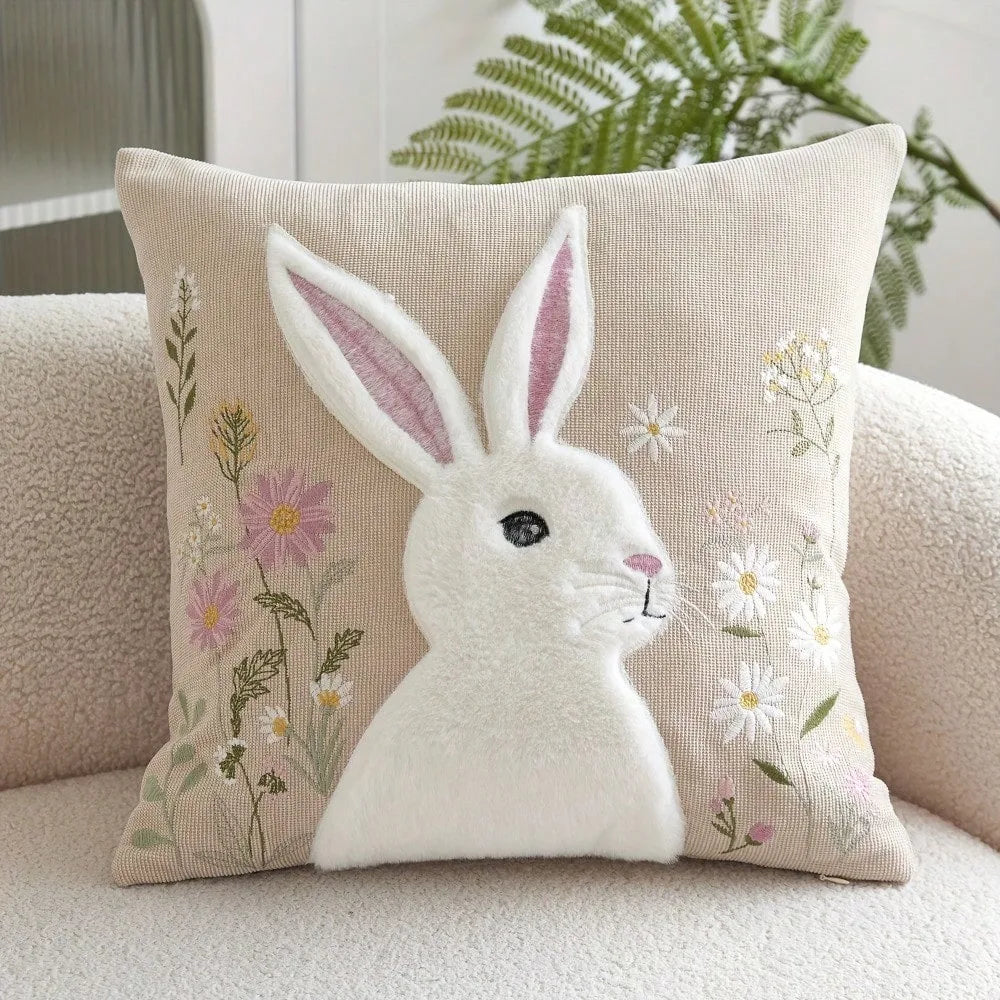 Floral Bunny Decorative Pillow Cover
